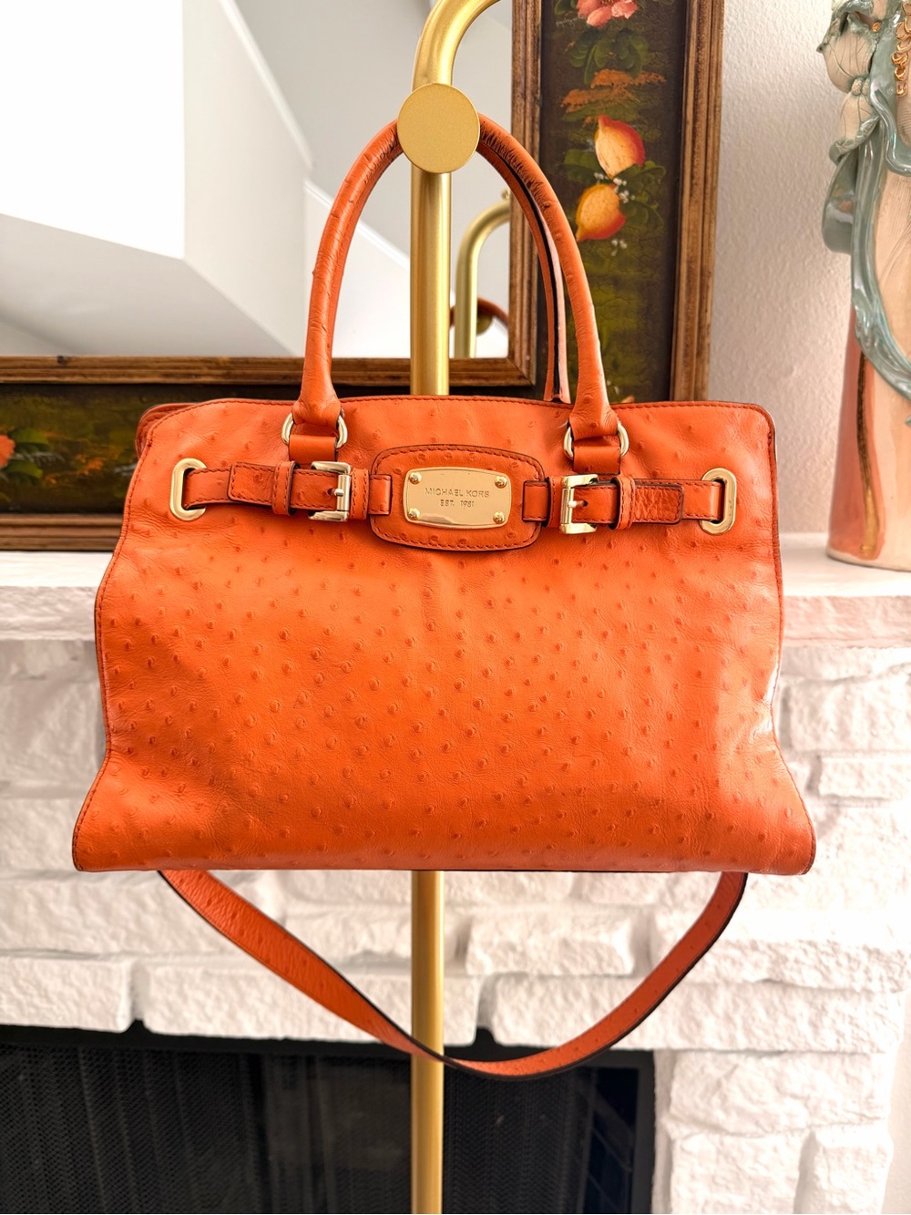 Michael Kors Hamilton Orange Ostrich Embossed Leather Satchel Shoulder Bag